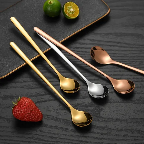 304 Stainless Steel Long Handle Spoon Creative Gold Silver Rose Gold Black Coffee Dessert Mixing Spoon Gift