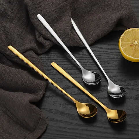 304 Stainless Steel Long Handle Spoon Creative Gold Silver Rose Gold Black Coffee Dessert Mixing Spoon Gift