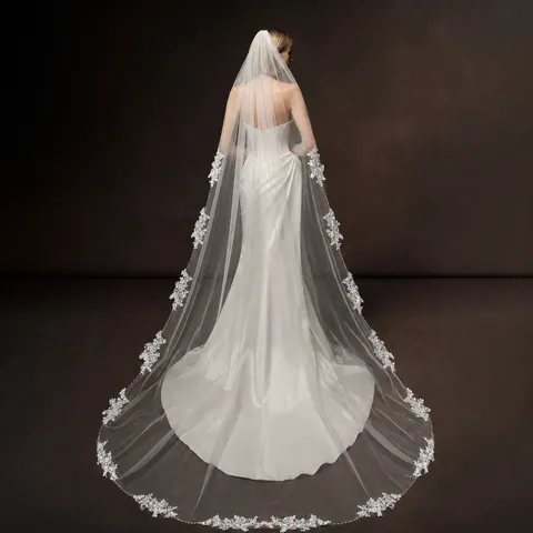 White Lace Edge Bridal Veil Fingertip Cathedral Length Wedding Veil With Comb Handmade Beaded Women Wedding Hair Accessories