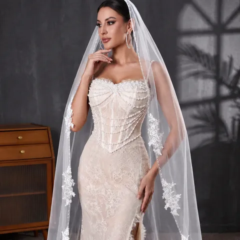 White Lace Edge Bridal Veil Fingertip Cathedral Length Wedding Veil With Comb Handmade Beaded Women Wedding Hair Accessories
