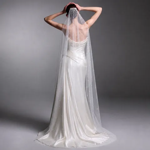 Single Layer Bridal Veil With Comb Sweep Train Pearl Wedding Veil For Women White Ivory Champagne Bridal Hair Accessories