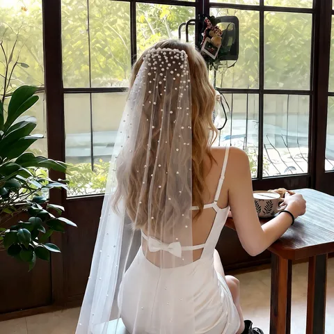Single Layer Bridal Veil With Comb Sweep Train Pearl Wedding Veil For Women White Ivory Champagne Bridal Hair Accessories