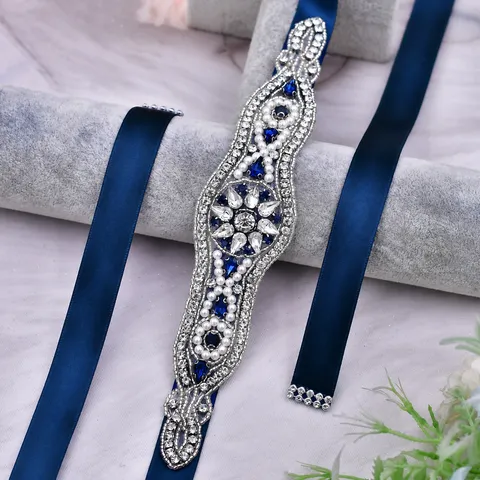 Vintage Königsblaue Strass Perlen Taille Band mit Schleifen-Design Schlanke Brautjungfer Gürtel Hochzeit Party Zubehör
