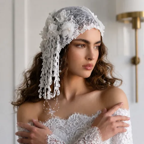 Vintage Bridal Veil Cap Style Mesh Lace Floral Artificial Pearl Tassel Headpiece Women Wedding Hair Accessories