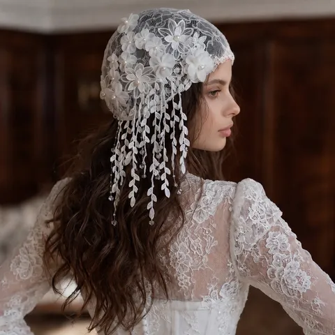 Vintage Bridal Veil Cap Style Mesh Lace Floral Artificial Pearl Tassel Headpiece Women Wedding Hair Accessories