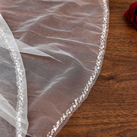 Bridal Wedding Veil Single Layer Mesh Veil With Rhinestone Pearl Beading And Metal Comb Women Hair Accessories