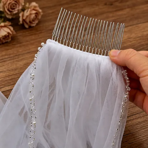 Bridal Wedding Veil Single Layer Mesh Veil With Rhinestone Pearl Beading And Metal Comb Women Hair Accessories