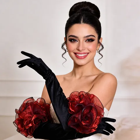 Damen Lange Satin Abendhandschuhe Französisch Vintage Oper Handschuhe Mit Burgund Blumen Hochzeit Bühne Leistung Handschuhe