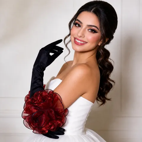 Damen Lange Satin Abendhandschuhe Französisch Vintage Oper Handschuhe Mit Burgund Blumen Hochzeit Bühne Leistung Handschuhe