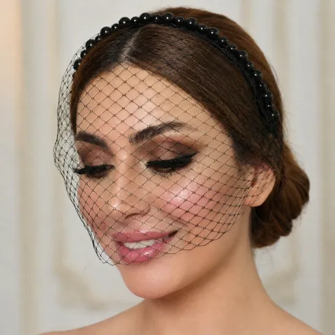 Zwarte Parel Haarband Birdcage Sluier Halloween Feest Kostuum Haaraccessoires Elegante Vintage Gezicht Sluier Hoofdtooi voor Vrouwen