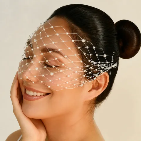 White Mesh Artificial Pearl Bridal Veil Wedding Hair Accessories Elegant Women Headpiece For Party Banquet Hair Jewelry