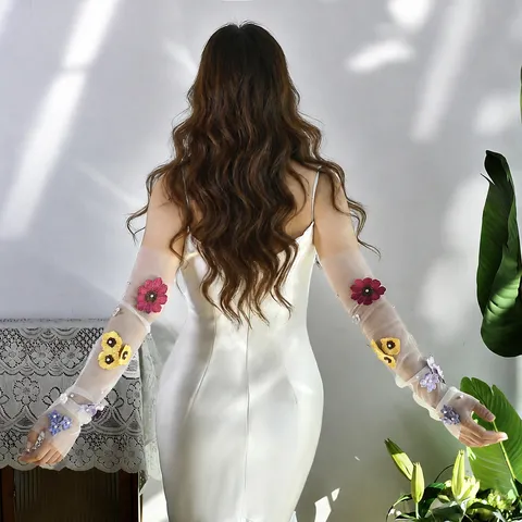 Guanti Lunghi in Rete da Donna Trasparente Floreale Ricamato Matrimonio Sposa Guanti Perla Decorato Maniche