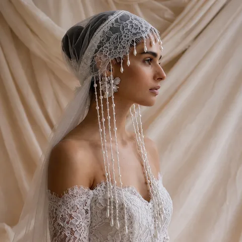 Franse Luxe Parelkwast Kant Bruidssluier Wit Handgemaakt Huwelijk Hoofdtooi Sluier Voor Vrouwen Haaraccessoires