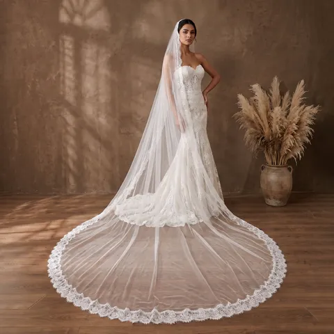 White Bridal Veil Lace Applique Mantilla Wedding Veil With Hair Comb Elegant Long Cathedral Bridal Veil Accessories