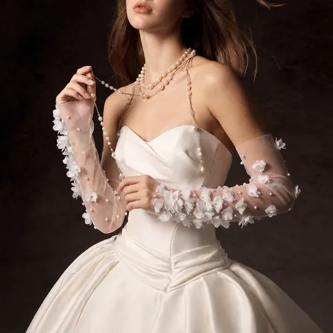 Bridal Long Mesh Sleeves White Ivory Fingerless Arm Cover Wedding Dress Accessories With 3D Floral Beaded