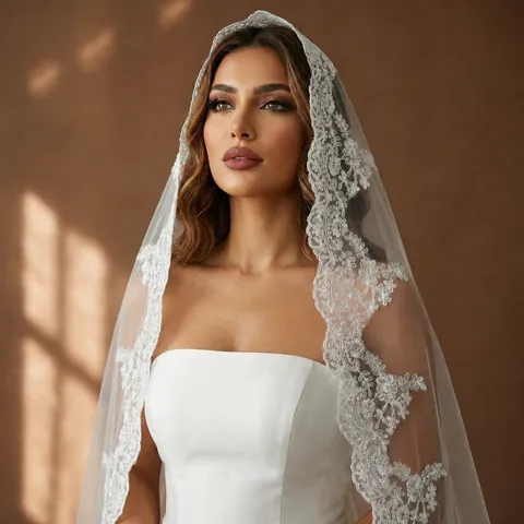 Elegant French Lace Trim Bridal Veil For Women Long Cathedral Wedding Veil Without Comb Church Ceremony Hair Accessories