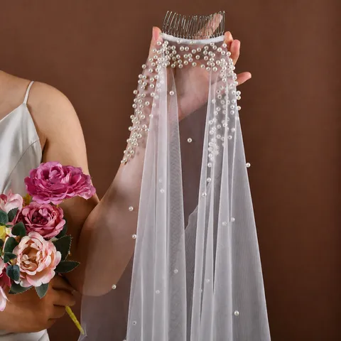 Bridal Wedding Veil Single Layer Cathedral Long Veil With Comb Artificial Pearl White Ivory Champagne Wedding Hair Accessories