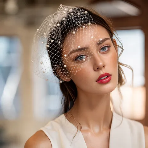 White Bridal Birdcage Veil Mesh Wedding Hair Comb With Artificial Pearls Bride Hair Accessories For Photography