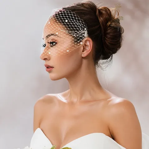 Vintage Bridal Mesh Face Veil With Artificial Pearls Elegant Wedding Photography Party Hair Accessory Headwear