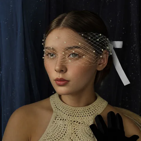 Vintage Bridal Pearl Mesh Veil Bowknot Tie Face Veil Headwear Women Wedding Party Hair Accessories