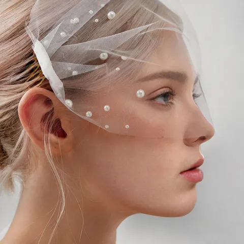 White Bridal Veil Mesh Wedding Veil With Side Combs Hand-Sewn Artificial Pearl Elegant Women Hair Accessories