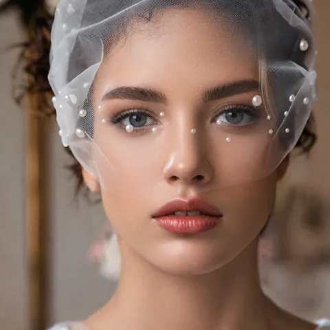 White Bridal Veil Mesh Wedding Veil With Side Combs Hand-Sewn Artificial Pearl Elegant Women Hair Accessories
