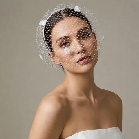 Handmade Floral Bridal Veil Pearl Mesh Hair Hoop Wedding Headwear Elegant Women Hair Accessories White Headpiece