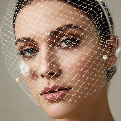 Handmade Floral Bridal Veil Pearl Mesh Hair Hoop Wedding Headwear Elegant Women Hair Accessories White Headpiece