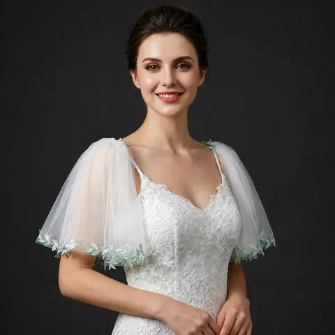 Scialle Corto in Pizzo Stile Coreano Con Ricamo Foglie Verdi Mantella in Rete Bianca Accessori da Sposa per Donna Scialle alla Moda