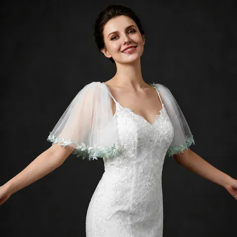 Scialle Corto in Pizzo Stile Coreano Con Ricamo Foglie Verdi Mantella in Rete Bianca Accessori da Sposa per Donna Scialle alla Moda