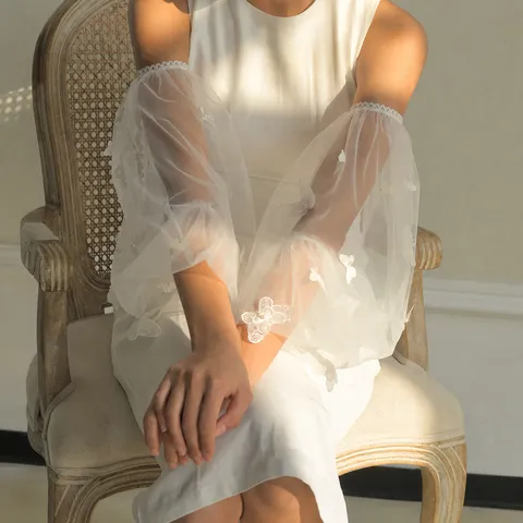 Damen Spitzen Netzstoff Lange Hochzeit Handschuhe Braut Ärmel Bestickt Blumen Perle Fingerlose Handschuhe Accessoires