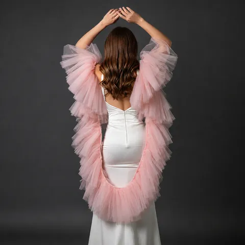 Scialle da Sposa Matrimonio in Nylon Multistrato Arricciato Fascia per Braccio Sospeso Rosa Pesca Accessori Abito da Sera