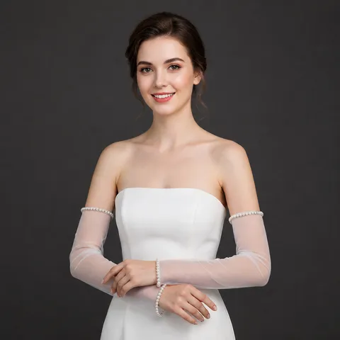Gants de Mariée Sans Doigts en Maille avec Bord en Perle Artificielle Gants Doux et Délicats Transparents pour Fête de Femmes