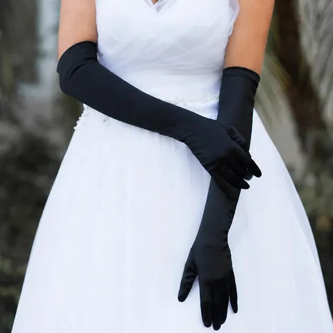 Damen Lange Satin Handschuhe Opernlänge Handschuhe Abendparty Hochzeit Bühne Performance Handschuhe Schwarz Weiß Handschuhe