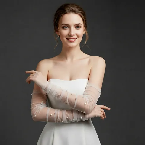 Damen Lange Fingerlose Brauthandschuhe Transparenter Mesh Perlen Verziert Elegante Hochzeit Abend Oper Handschuhe Zubehör