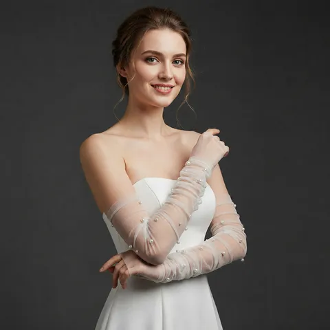 Damen Lange Fingerlose Brauthandschuhe Transparenter Mesh Perlen Verziert Elegante Hochzeit Abend Oper Handschuhe Zubehör
