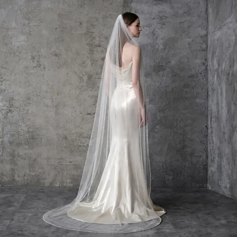 Voile de Mariée Perlé Fait Main Blanc Ivoire Champagne Voile de Mariage avec Peigne Cristal Perle Artificielle Accessoires Cheveux
