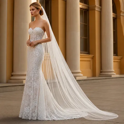 Long Voile de Mariée Simple Couche Avec Peigne Bord Perlé Fait Main Blanc Ivoire Champagne Accessoires de Cheveux de Mariage