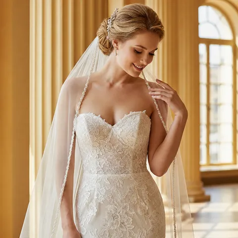 Long Voile de Mariée Simple Couche Avec Peigne Bord Perlé Fait Main Blanc Ivoire Champagne Accessoires de Cheveux de Mariage