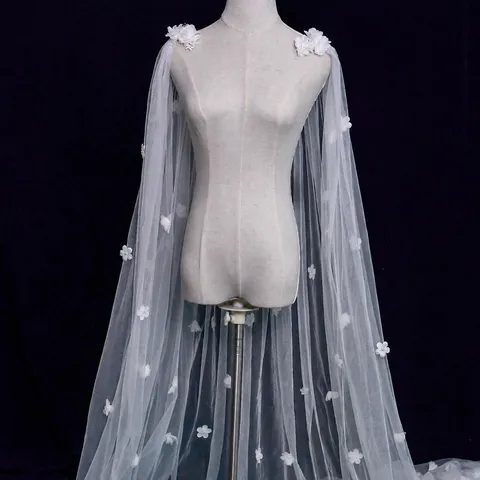 Women's Elegant Nylon Mesh Bridal Shawl Long Train Wedding Cape 3D Floral Decorative Evening Party Wrap