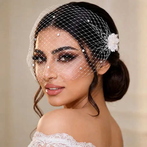 Vintage Bridal Mesh Veil White Wedding Hair Accessories With Artificial Pearls And Rhinestones For Women Banquet Party