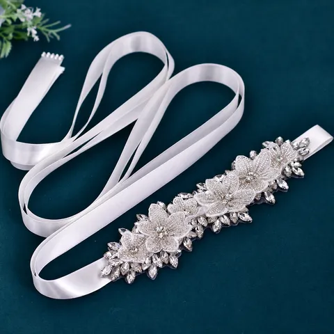 Cintura da Sposa in Strass Perline Fatte a Mano Fascia per Abito da Sposa Floreale Strass Argento Con Nastro in Satin Donna
