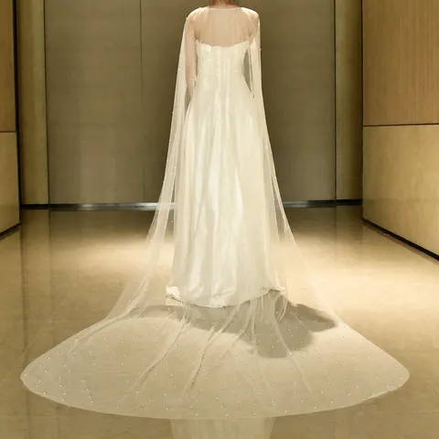 Bridal Wedding Long Cape Shawl Sheer Mesh Rhinestone Pearl Embellished Elegant Women Evening Wrap Train Cloak