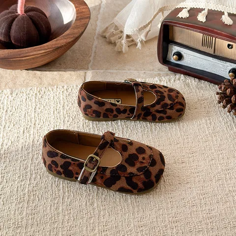 Girls Princess Single Shoes French Retro Leopard Print PU Leather Soft Sole Flat Mary Jane Shoes Children Walking Shoes