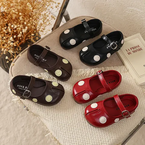 Zapatos planos de princesa de lunares de cuero PU con punta dividida vintage francesa para niñas pequeñas
