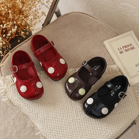 Zapatos planos de princesa de lunares de cuero PU con punta dividida vintage francesa para niñas pequeñas