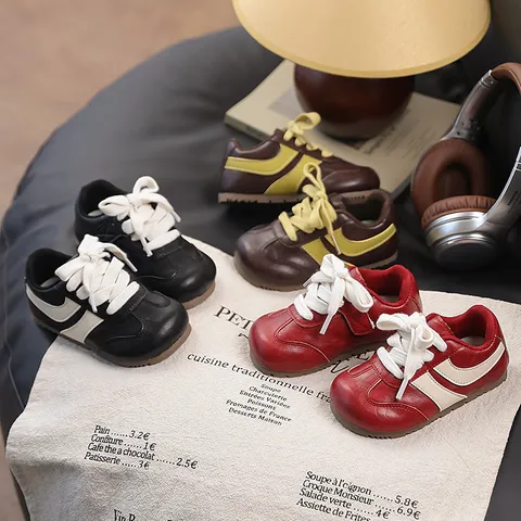 Kids Retro Casual Sneakers PU Leather Anti-Slip Wear-Resistant Korean Style Boys Girls Sports Running Shoes
