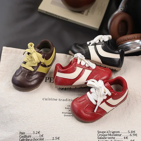 Kids Retro Casual Sneakers PU Leather Anti-Slip Wear-Resistant Korean Style Boys Girls Sports Running Shoes