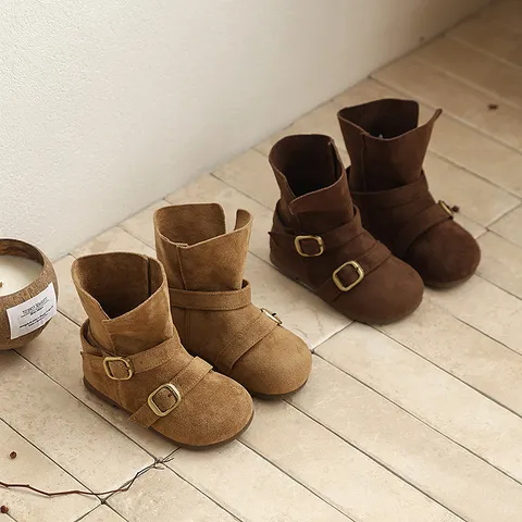 Bottines Martin Rétro en Suède pour Filles Bottes Courtes Vintage pour Enfants avec Boucle de Ceinture en Métal Chaussures Antidérapantes Printemps Automne