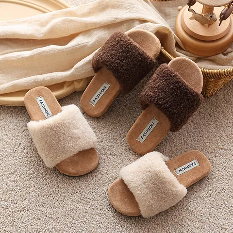 Girls Fuzzy Flat Slide Slippers Square Toe Plush Open Back Indoor House Shoes